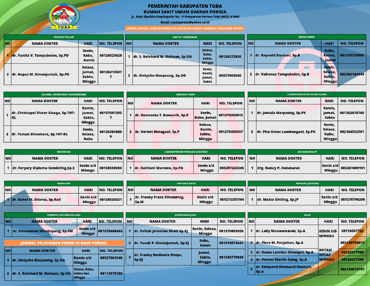 JADWAL ONCALL dan POLIKLINIK DOKTER SPESIALIS DI RSUD PORSEA